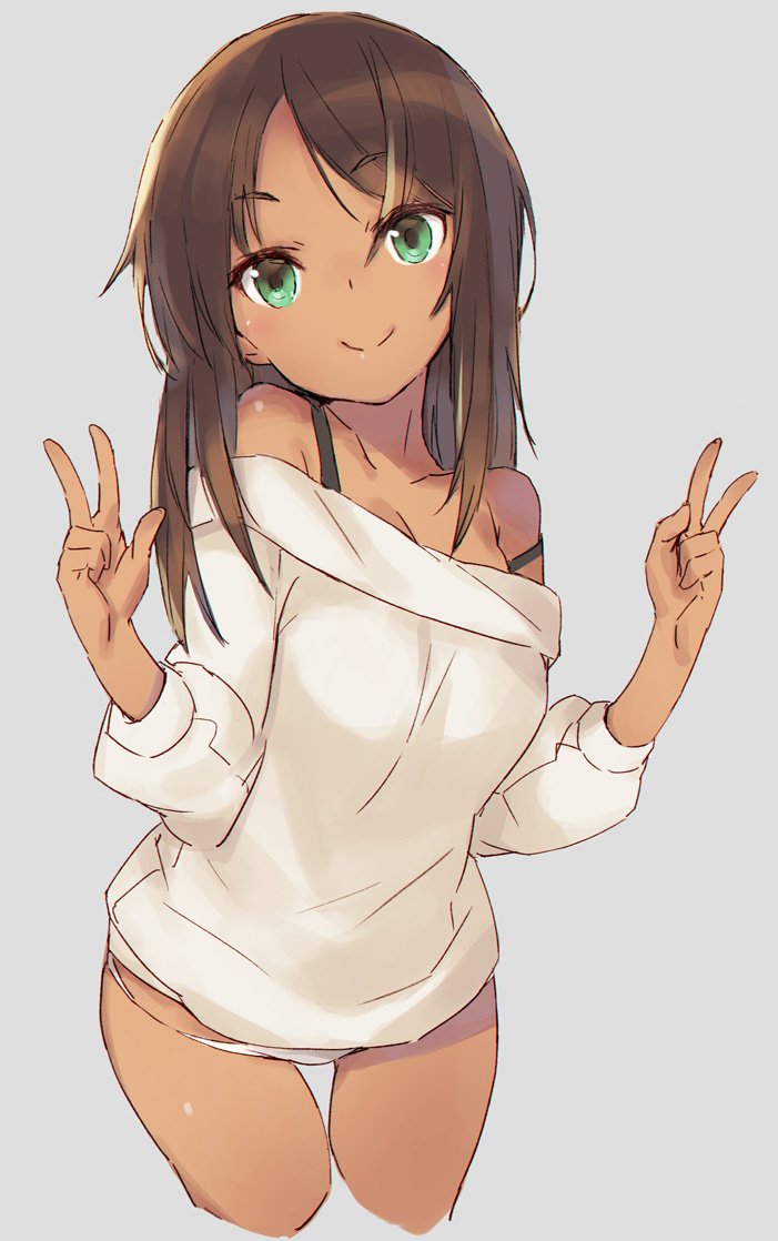 1girl, alice_gear_aegis, bare_shoulders, brown_hair, closed_mouth, commentary_request, dark_skin, double_v