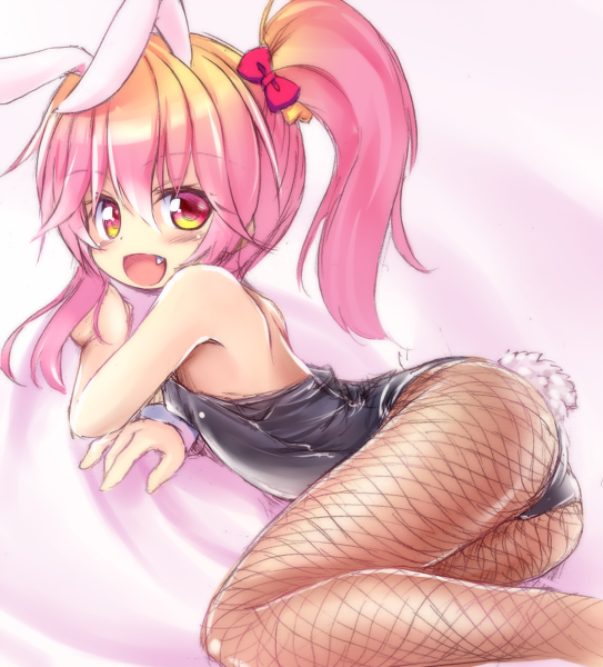 1girl, :d, animal_ears, bare_shoulders, black_leotard, blonde_hair, bow, bunny_tail