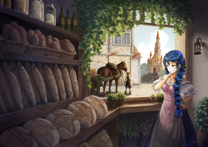 1boy, 1girl, :d, baguette, basket, blue_hair, blue_sky, bottle