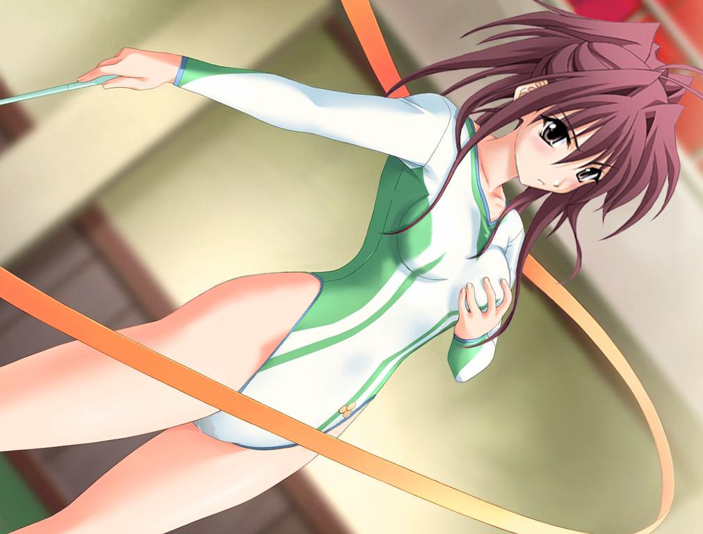 blush, breast_grab, breast_hold, breasts, brown_eyes, brown_hair, dutch_angle, frown