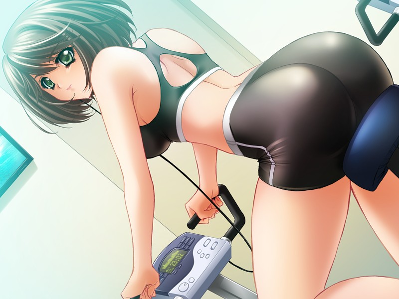 bike_shorts, brown_hair, carnelian, dutch_angle, exercise, exercise_bike, green_eyes, green_hair, short_hair, spandex, touka_gettan