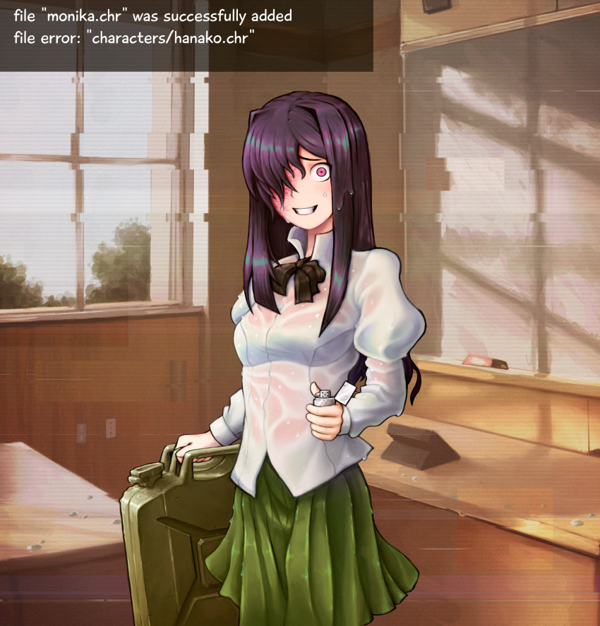 1girl, absurdres, black_neckwear, bow, bowtie, burn_scar, canister, classroom