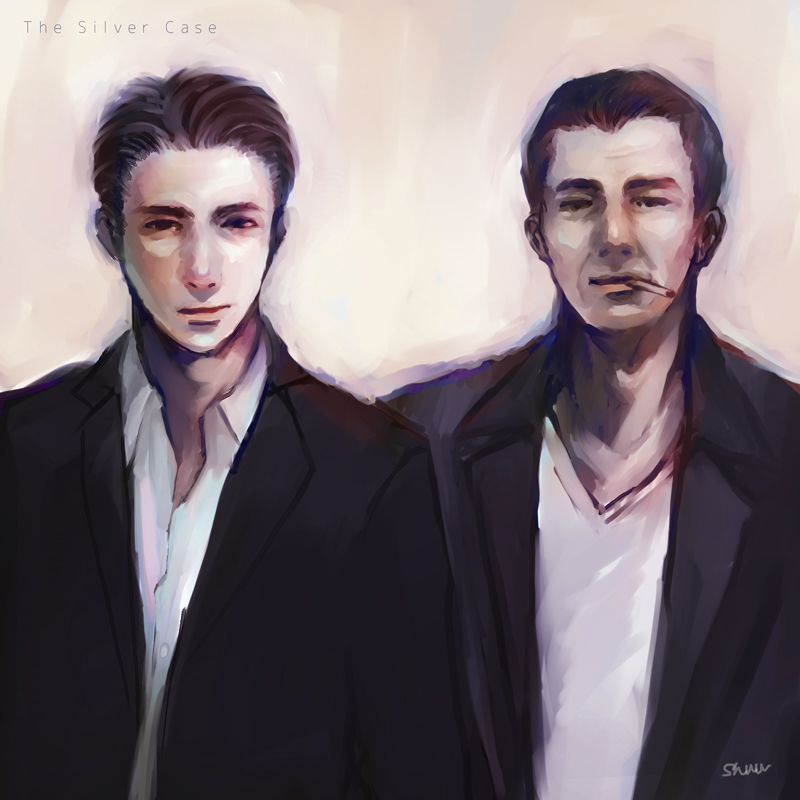 2boys, artist_request, blazer, brown_hair, jacket, kodai_sumio, kusabi_tetsugorou, looking_at_viewer, multiple_boys, shirt, sketch, smoking, the_silver_case, upper_body, white_shirt