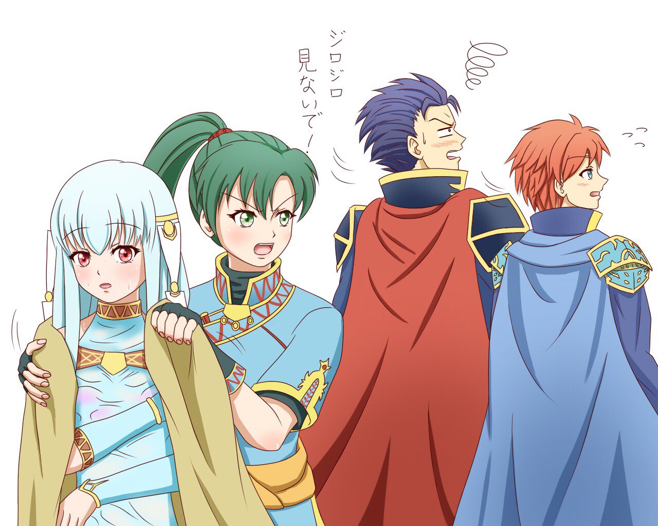 2boys, 2girls, amezuku, angry, aqua_detached_sleeves, aqua_dress, armor, black_eyes
