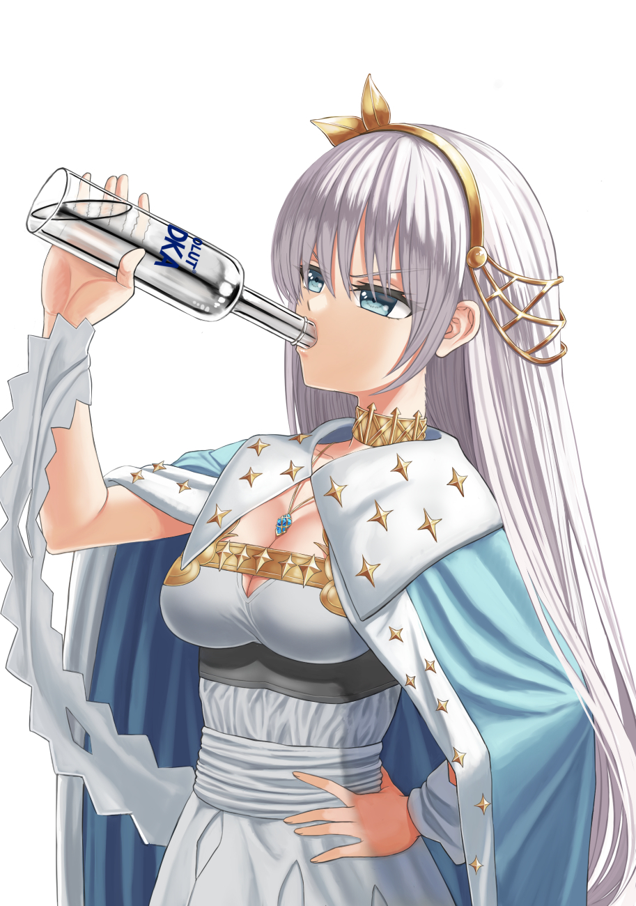 1girl, absolut_vodka, alcohol, anastasia_(fate/grand_order), arisku, blue_eyes, bottle, cape, drinking, fate/grand_order, fate_(series), hand_on_hip, headband, highres, holding, holding_bottle, jewelry, pendant, sash, vodka, white_background, white_hair