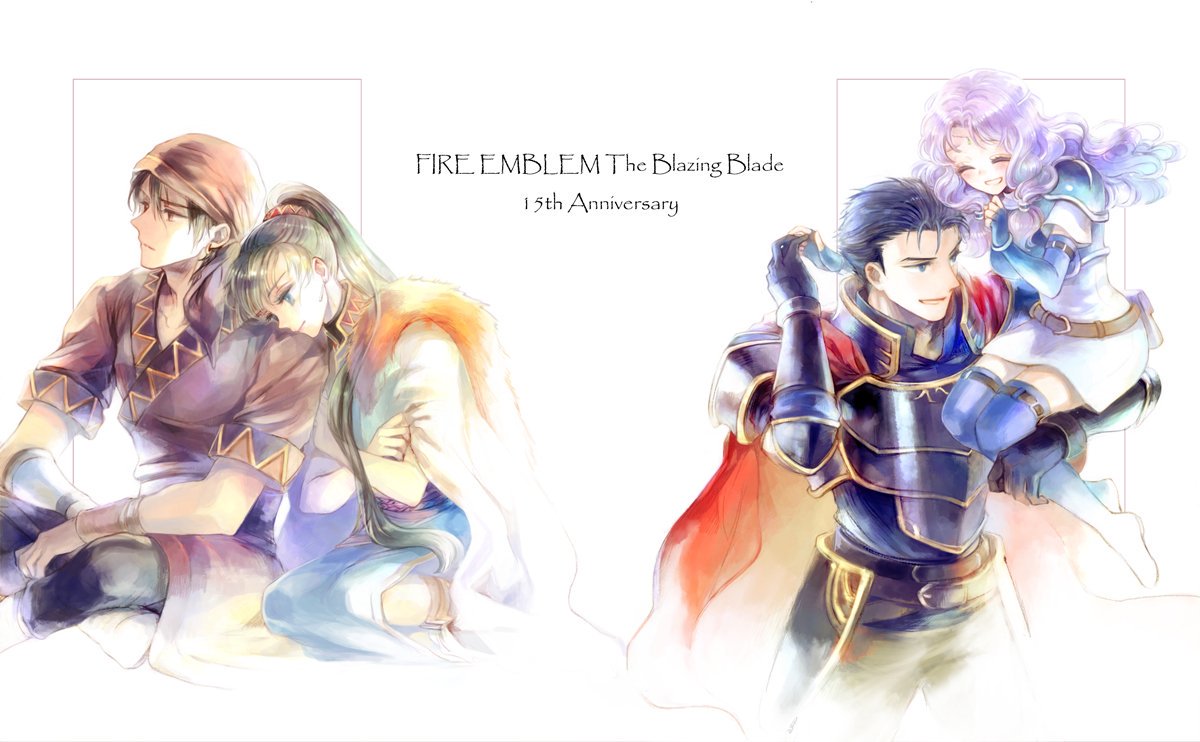 2boys, 2girls, bandanna, blue_eyes, blue_hair, cape, dress, earrings, fingerless_gloves, fire_emblem, fire_emblem:_rekka_no_ken, florina, gloves, green_eyes, green_hair, hector_(fire_emblem), high_ponytail, jewelry, long_hair, lyndis_(fire_emblem), multiple_boys, multiple_girls, open_mouth, ponytail, purple_hair, rath, short_hair, smile
