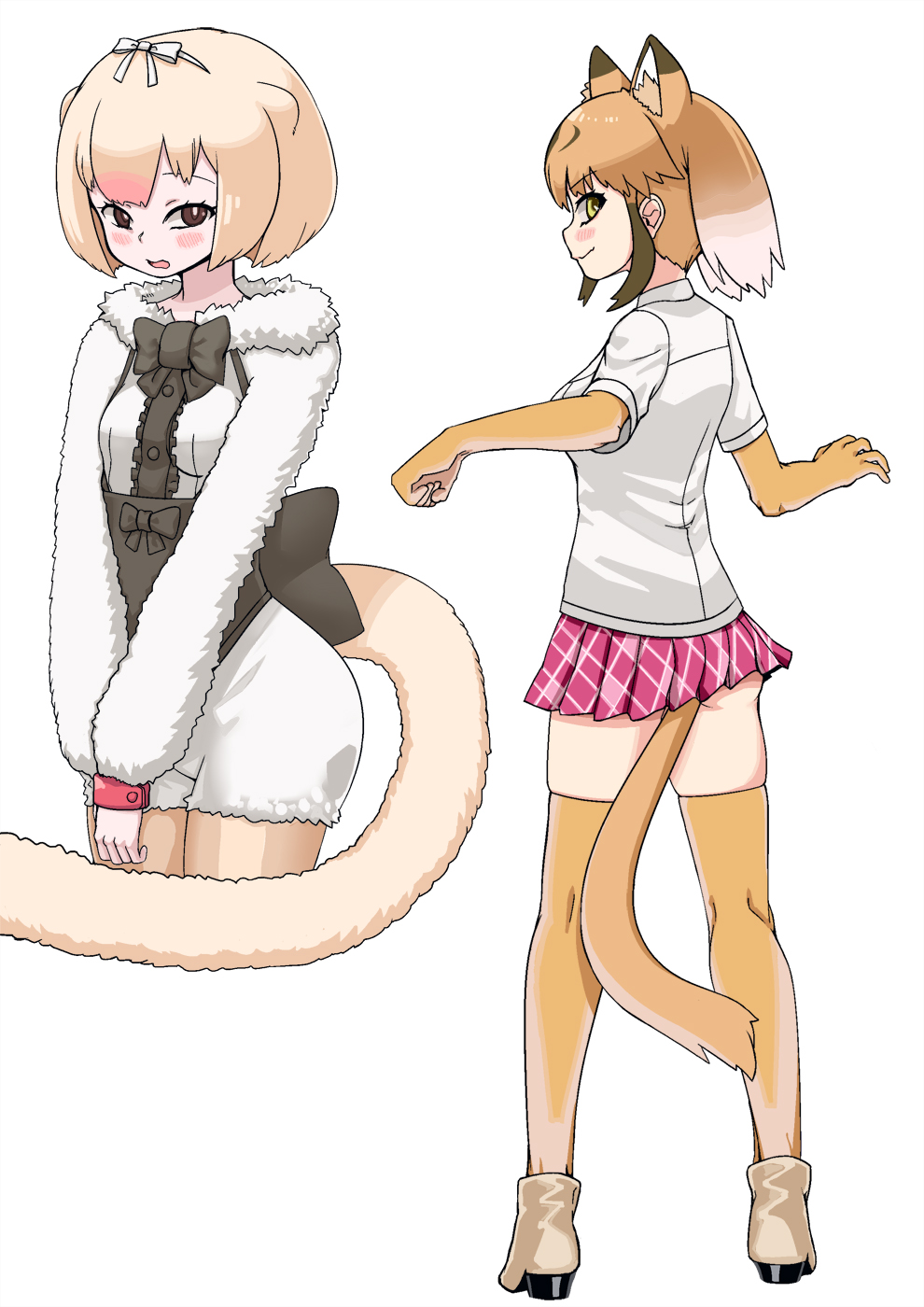2girls, anteater_ears, anteater_tail, back_bow, blonde_hair, blush, boots, bow