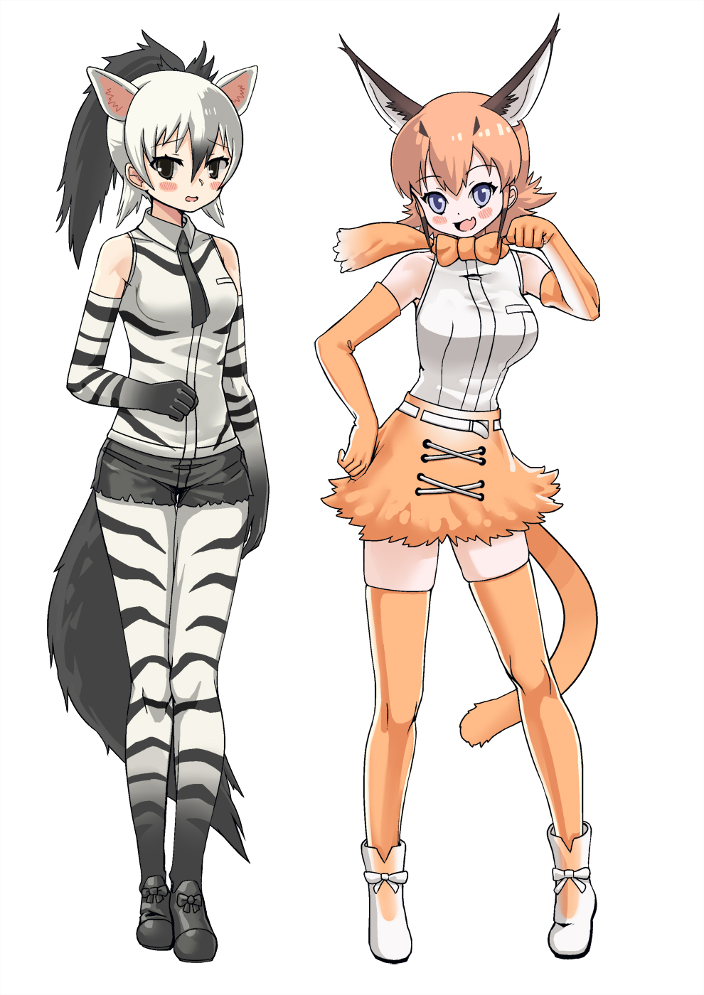 2girls, aardwolf_(kemono_friends), aardwolf_ears, aardwolf_tail, black_hair, blush, boots, bow