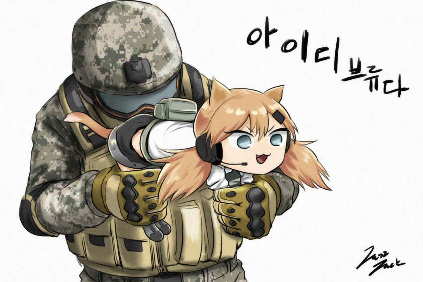 1boy, 1girl, :3, :d, aiming, ammunition_pouch, animal_ears, bangs, black_footwear, black_shorts, boots, brown_gloves, bulletproof_vest, cat_ears, cat_girl, cat_tail, chibi, commentary, covered_eyes, digital_camouflage, elbow_pads, fang, girls_frontline, gloves, grey_eyes, hair_between_eyes, hair_ornament, hairclip, hands_up, headset, helmet, helmet_over_eyes, holding, idw_(girls_frontline), jazzjack, knee_boots, korean, long_hair, long_sleeves, military, military_uniform, open_mouth, orange_hair, parted_bangs, pouch, shirt, short_shorts, short_twintails, shorts, signature, simple_background, smile, sound_effects, standing, tail, translation_request, twintails, unconventional_gun, uniform, v-shaped_eyebrows, visor, white_background, white_shirt