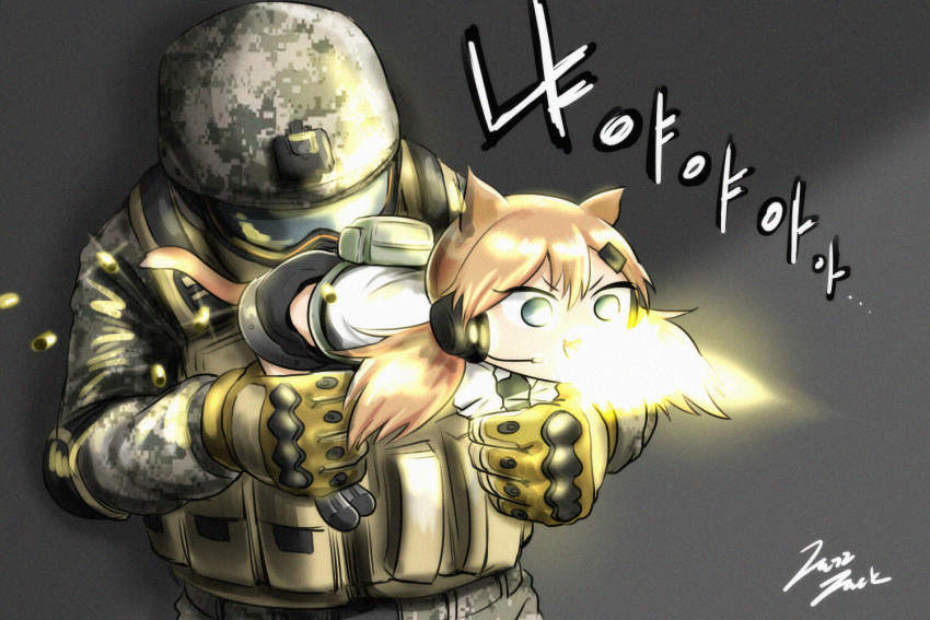 1boy, 1girl, :3, :d, ammunition_pouch, animal_ears, bangs, black_footwear, black_shorts, boots, brown_gloves, bulletproof_vest, casing_ejection, cat_ears, cat_girl, cat_tail, chibi, commentary, covered_eyes, digital_camouflage, elbow_pads, fang, firing, girls_frontline, gloves, grey_background, grey_eyes, hair_between_eyes, hair_ornament, hairclip, hands_up, headset, helmet, helmet_over_eyes, holding, idw_(girls_frontline), jazzjack, knee_boots, korean, long_hair, long_sleeves, military, military_uniform, muzzle_flash, open_mouth, orange_hair, parted_bangs, pouch, shell_casing, shirt, short_shorts, short_twintails, shorts, signature, simple_background, smile, sound_effects, standing, tail, translation_request, twintails, unconventional_gun, uniform, v-shaped_eyebrows, visor, white_shirt