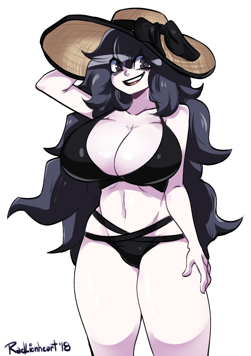 1girl, @_@, al_bhed_eyes, bags_under_eyes, bikini, black_bikini, black_hair, breasts