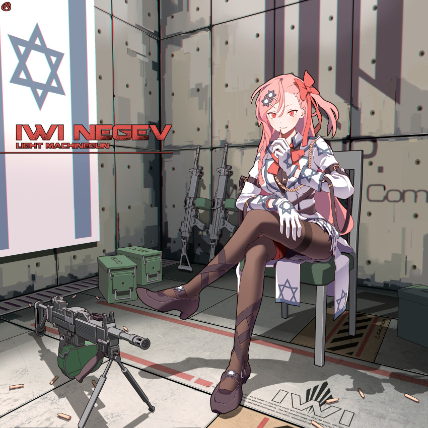1girl, absurdres, ammo_box, ammunition, arm_belt, bow, bowtie, box
