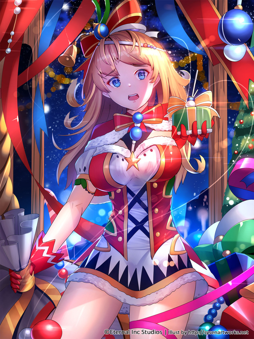 1girl, bell, blue_eyes, breasts, brown_hair, capelet, christmas, commentary
