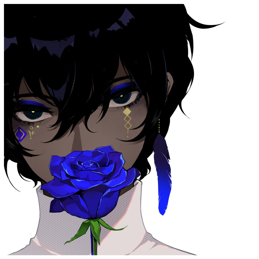 1boy, arjuna_(fate/grand_order), black_eyes, black_hair, blue_eyeshadow, blue_feather, blue_flower, blue_rose, covered_mouth, dark_skin, dark_skinned_male, face, facepaint, fate/grand_order, fate_(series), feather_hair_ornament, flower, highres, mochizuki_kei, rose