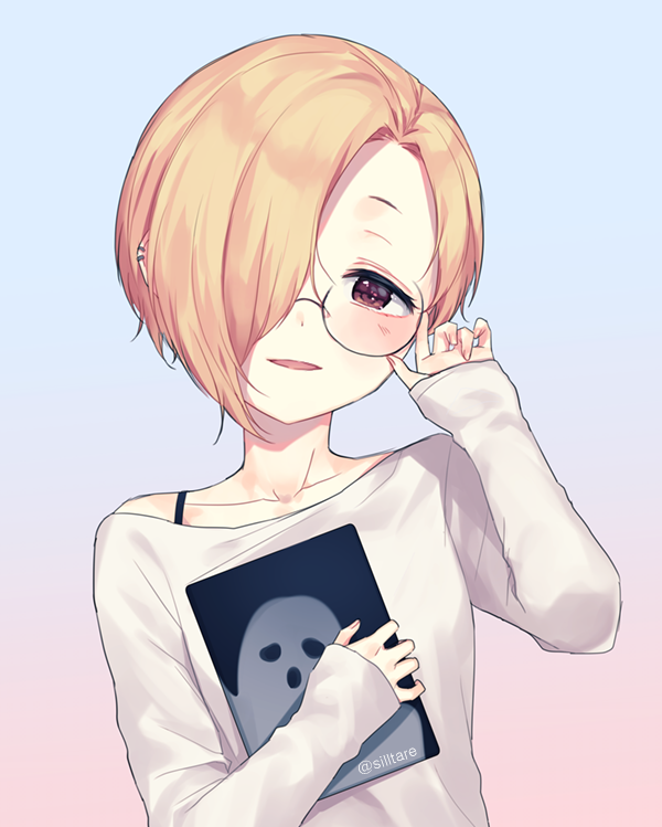 1girl, adjusting_eyewear, bespectacled, blonde_hair, blush, book, bra_strap, collarbone, ear_piercing, glasses, hair_over_one_eye, hand_up, head_tilt, holding, holding_book, idolmaster, idolmaster_cinderella_girls, long_sleeves, piercing, red_eyes, round_eyewear, shirasaka_koume, shirt, short_hair, silltare, sleeves_past_wrists, solo, twitter_username, upper_body, white_shirt