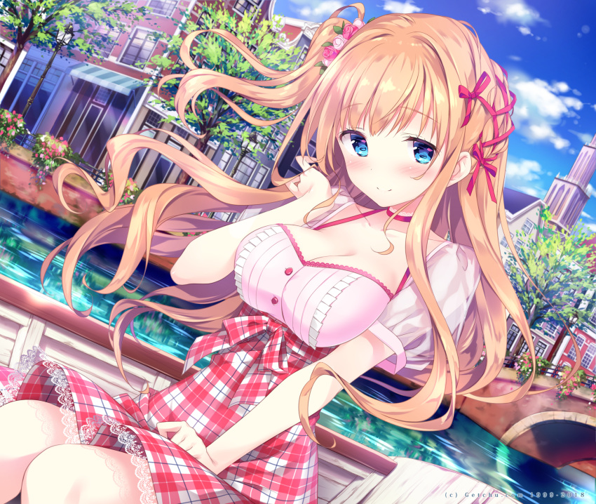 1girl, bangs, blue_eyes, blue_sky, blush, boat, bow, braid