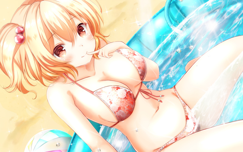 1girl, ball, beachball, bikini, breasts, brown_eyes, brown_hair, commentary_request, dutch_angle, feet_out_of_frame, finger_to_mouth, floral_print, front-tie_top, girlfriend_(kari), hair_bobbles, hair_ornament, highres, hose, looking_at_viewer, masa_(mirage77), medium_breasts, navel, red_bikini, short_hair, side_ponytail, smile, solo, swimsuit, tomura_michiru, wading_pool, wallpaper, water