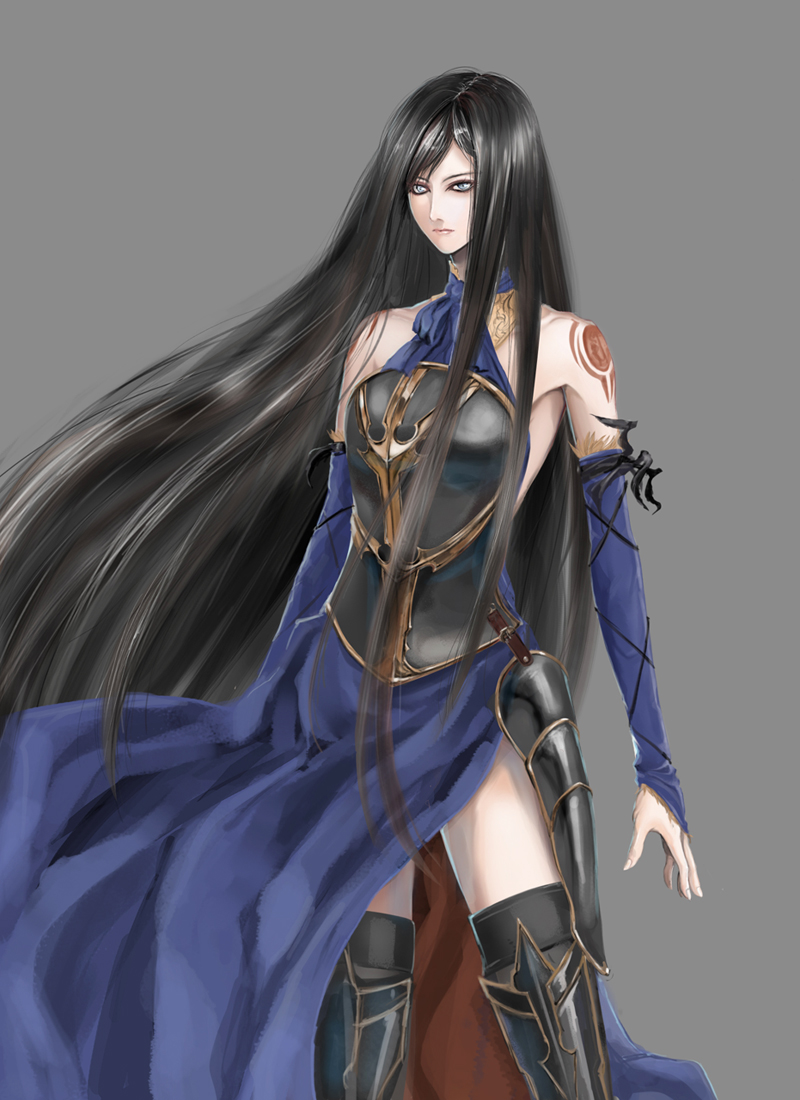 akumajo_dracula, bare_shoulders, black_hair, blue_eyes, boots, castlevania, castlevania:_order_of_ecclesia, dress
