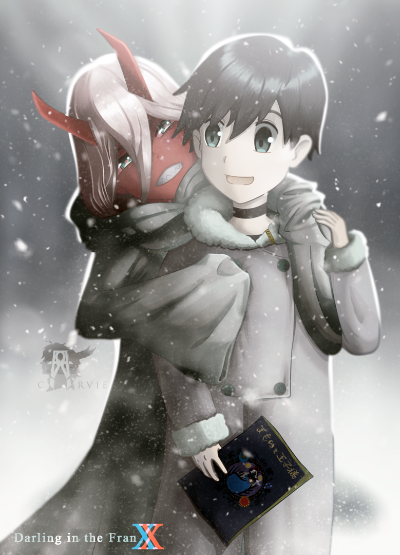 1boy, 1girl, black_hair, blue_eyes, book, coat, couple, darling_in_the_franxx, green_eyes, grey_coat, hiro_(darling_in_the_franxx), holding, holding_book, horns, john_carvie, long_hair, looking_back, oni_horns, parka, pink_hair, red_sclera, red_skin, short_hair, snow, snowing, winter_clothes, winter_coat, zero_two_(darling_in_the_franxx)