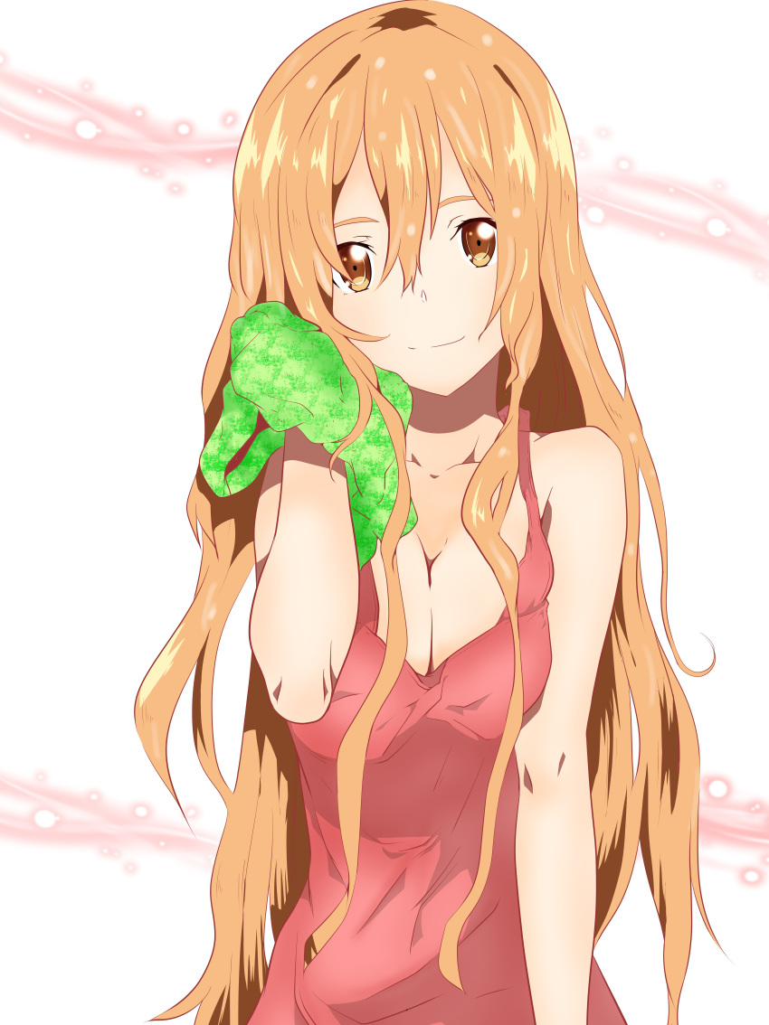1girl, absurdres, after_shower, asuna_(sao), blonde_hair, breasts, brown_eyes, cleavage