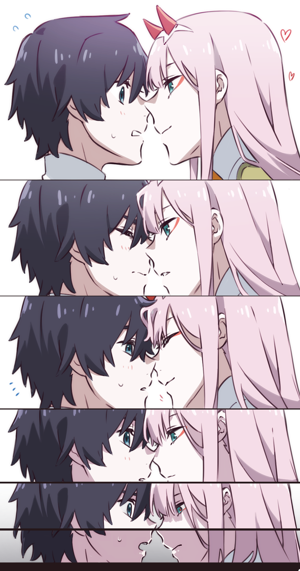 1boy, 1girl, black_hair, blue_eyes, blush, closed_eyes, couple, darling_in_the_franxx