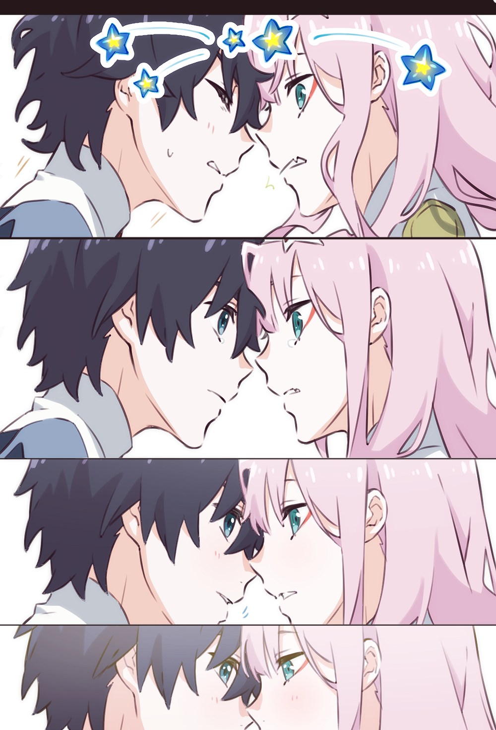 1boy, 1girl, black_hair, blue_eyes, blush, closed_eyes, couple, darling_in_the_franxx