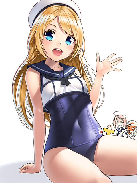 3girls, :d, anger_vein, black_swimsuit, blonde_hair, blue_eyes, blue_sailor_collar, commentary_request