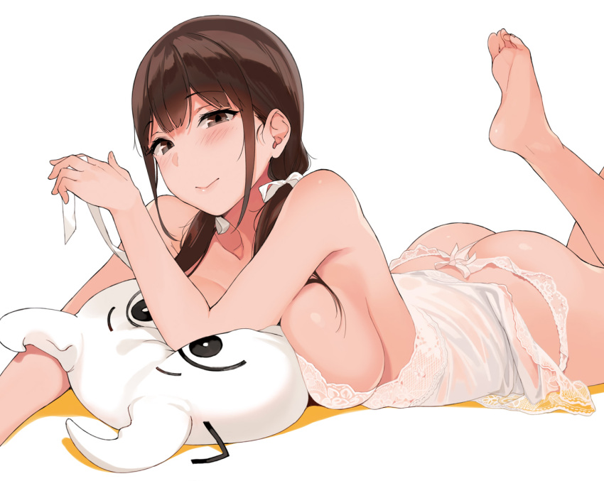 1girl, ass, bare_shoulders, barefoot, blush, breasts, brown_eyes, brown_hair