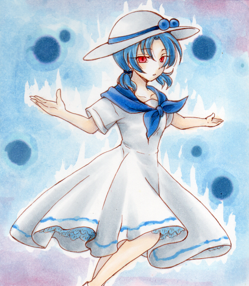 1girl, aura, bangs, bare_arms, blue_hair, blue_neckwear, blue_sailor_collar, collarbone