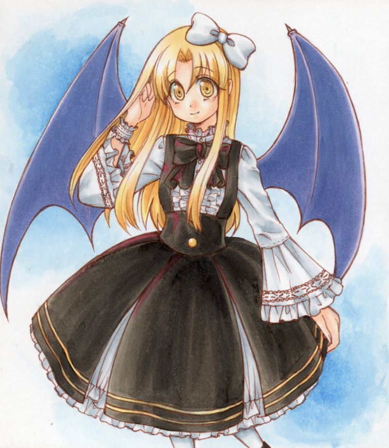 1girl, adapted_costume, bangs, black_bow, black_dress, black_neckwear, blonde_hair, bow