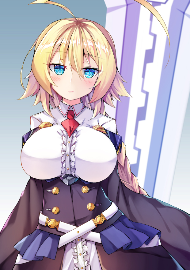 1girl, ahoge, belt, blazblue, blonde_hair, blue_eyes, blue_skirt, blush