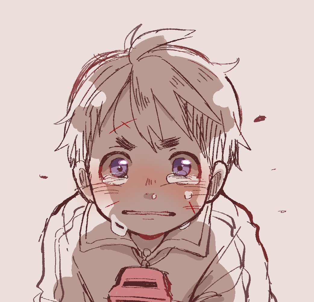 1boy, bruise, commentary_request, crying, crying_with_eyes_open, injury, limited_palette, looking_at_viewer
