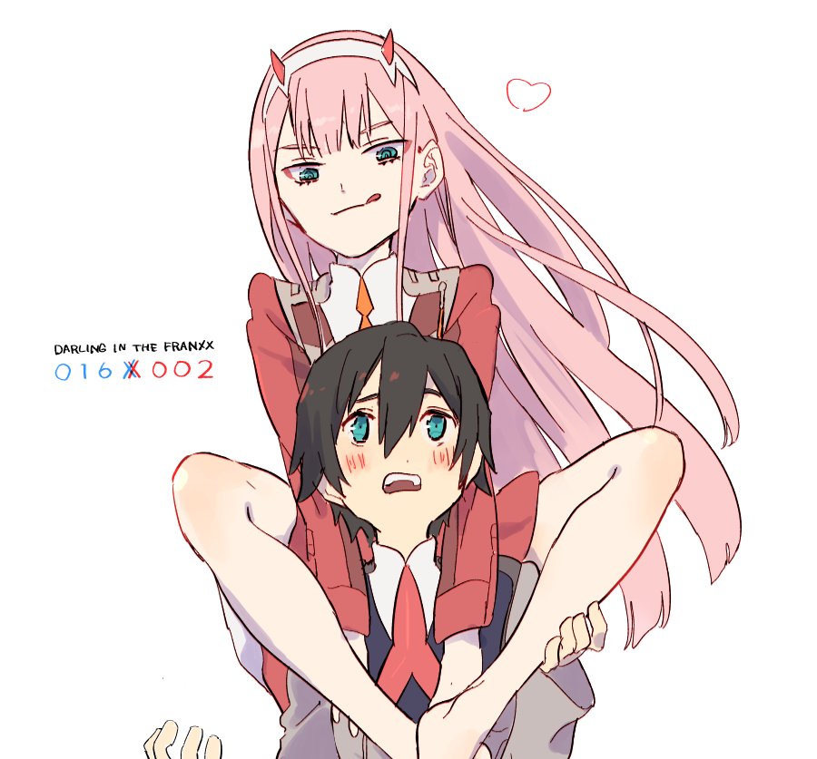 1boy, 1girl, black_hair, blue_eyes, blush, couple, darling_in_the_franxx, green_eyes