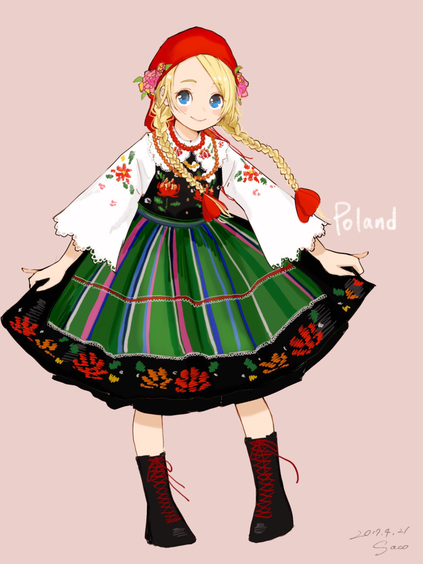 1girl, blonde_hair, blue_eyes, blush_stickers, boots, braid, colorful, dated