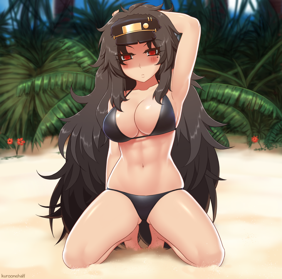 1girl, arm_behind_head, arm_up, armpits, ass_visible_through_thighs, barefoot, beach, bikini