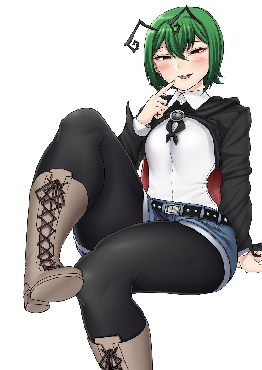 1girl, antennae, belt, black_cape, black_eyes, boots, cape, collared_shirt