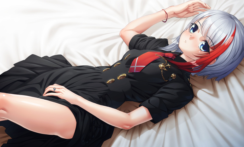 1girl, admiral_graf_spee_(azur_lane), azur_lane, bangs, bed_sheet, black_dress, blue_eyes, blush