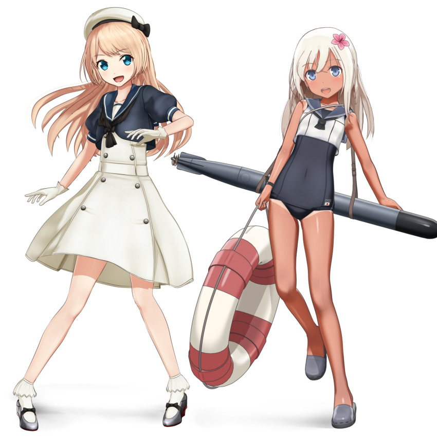 2girls, blonde_hair, blue_eyes, blue_sailor_collar, crop_top, dress, flower, full_body
