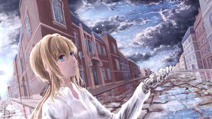 1girl, bird, blonde_hair, blue_eyes, clouds, cloudy_sky, cobblestone, hair_between_eyes, highres, ikori, long_hair, mechanical_arm, ponytail, puddle, rain, scenery, see-through, sky, solo, violet_evergarden, violet_evergarden_(character), wet, wet_hair