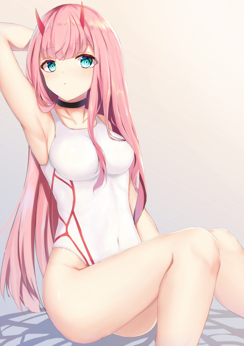 1girl, arm_up, armpits, bangs, bare_arms, bare_shoulders, breasts, brown_background, casual_one-piece_swimsuit, collarbone, commentary, covered_navel, darling_in_the_franxx, eyebrows_visible_through_hair, filings_(ailuo_c), gradient, gradient_background, green_eyes, highres, horns, large_breasts, long_hair, looking_at_viewer, one-piece_swimsuit, pink_hair, purple_background, sitting, solo, swimsuit, very_long_hair, white_swimsuit, zero_two_(darling_in_the_franxx)