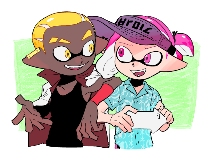2boys, aloha-kun_(splatoon), arm_on_shoulder, arm_rest, blonde_hair, dark_skin, dark_skinned_male, ear_piercing