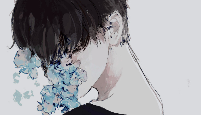 1boy, aofuji_sui, black_hair, black_shirt, blue_flower, closed_eyes, commentary_request, expressionless