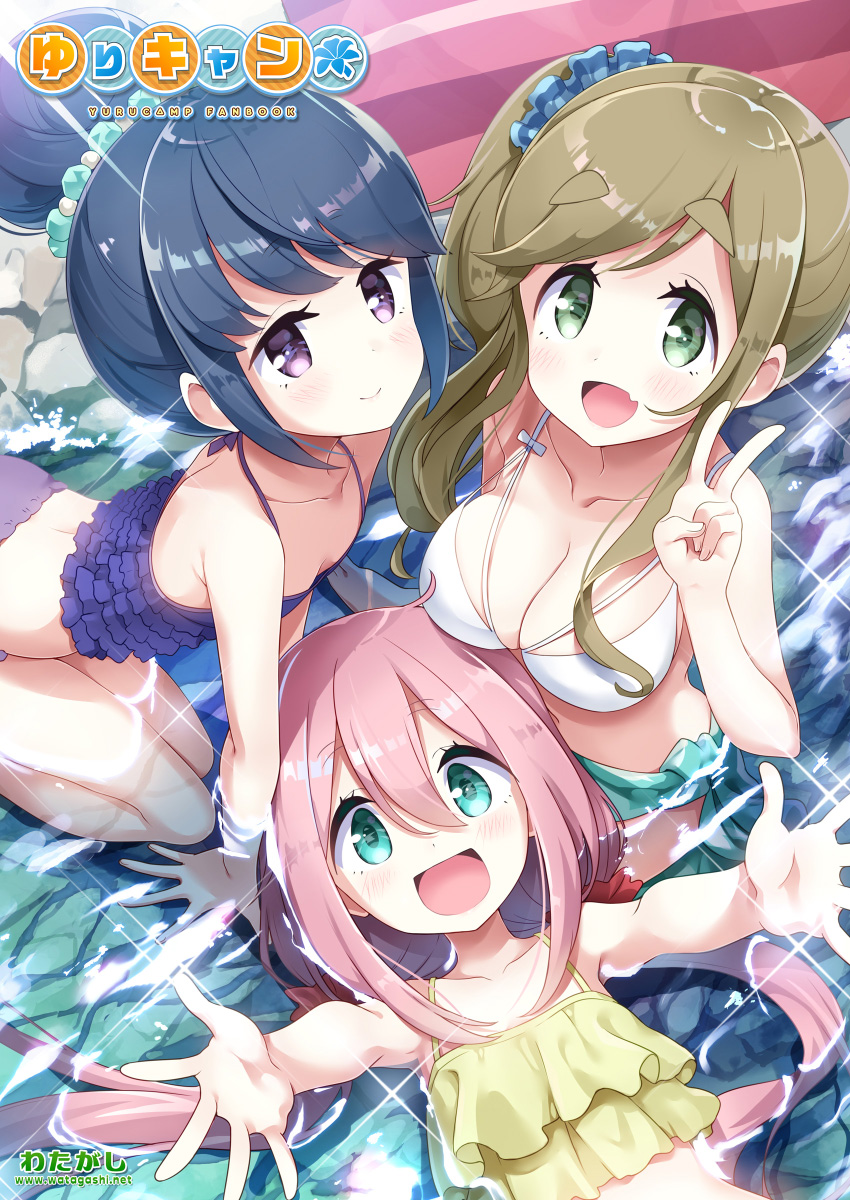 3girls, :d, all_fours, aqua_eyes, bangs, bent_over, bikini, bikini_top