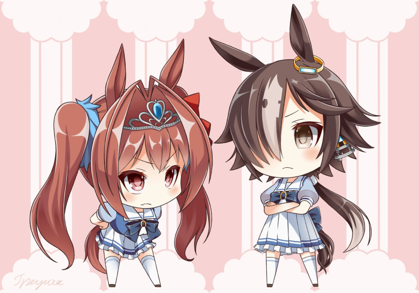 >:(, 2girls, animal_ears, blush, bow, bowtie, brown_eyes, brown_hair