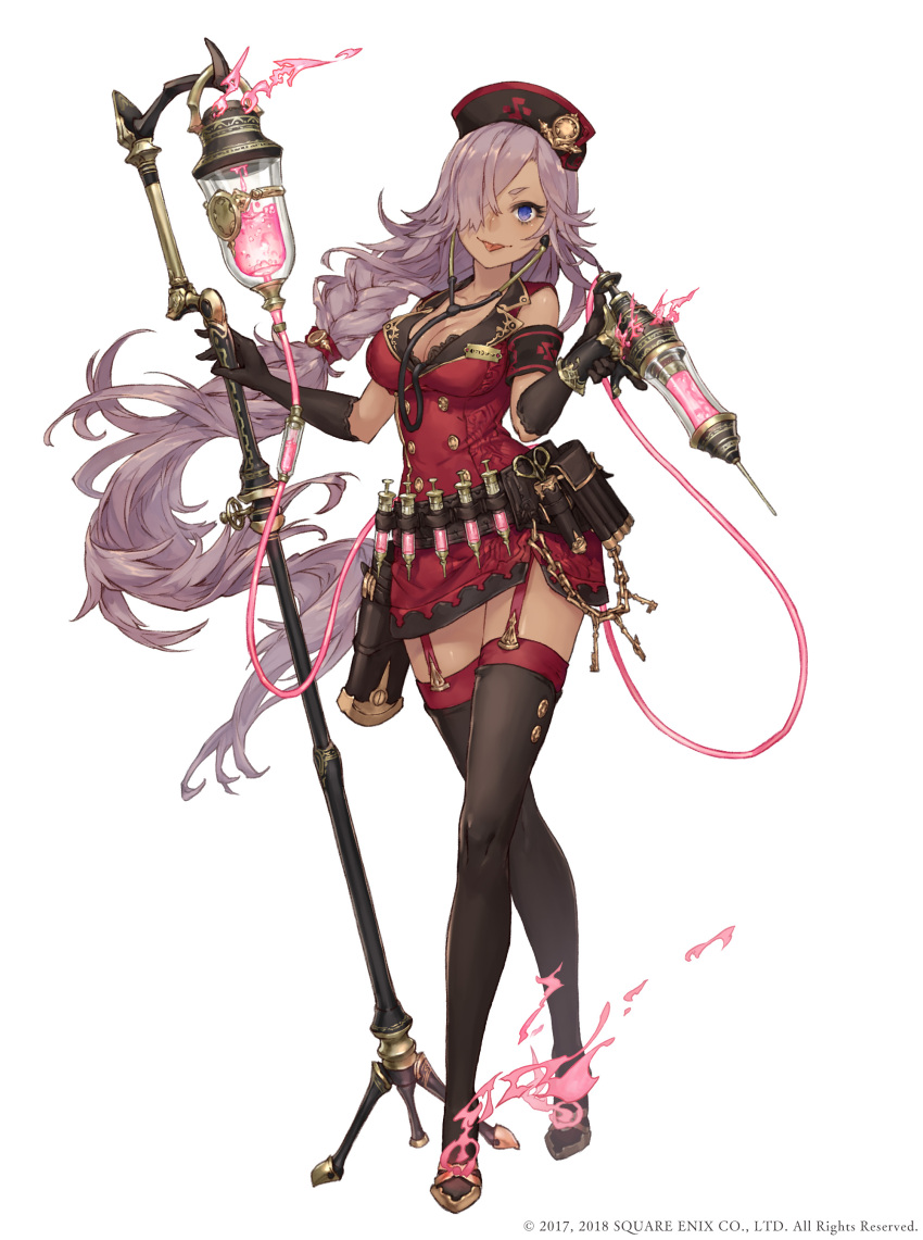 1girl, absurdres, armband, belt, blue_eyes, boots, cinderella_(sinoalice), dark_skin, full_body, garter_straps, hair_over_one_eye, hat, high_heels, highres, intravenous_drip, jino, legs_crossed, long_hair, name_tag, nurse, nurse_cap, official_art, purple_hair, sinoalice, solo, stethoscope, syringe, thigh-highs, thigh_boots, tongue, tongue_out, very_long_hair, watson_cross, white_background