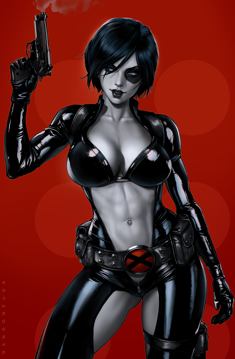 1girl, artist_name, belt, black_hair, black_lipstick, blue_eyes, bodysuit, breasts, center_opening, cleavage, collarbone, dandon_fuga, domino_(marvel), gloves, gun, handgun, highres, holding, holding_gun, holding_weapon, holster, large_breasts, legs_apart, lipstick, looking_to_the_side, makeup, marvel, navel, red_background, short_hair, smoke, smoking_gun, solo, standing, thigh_holster, weapon