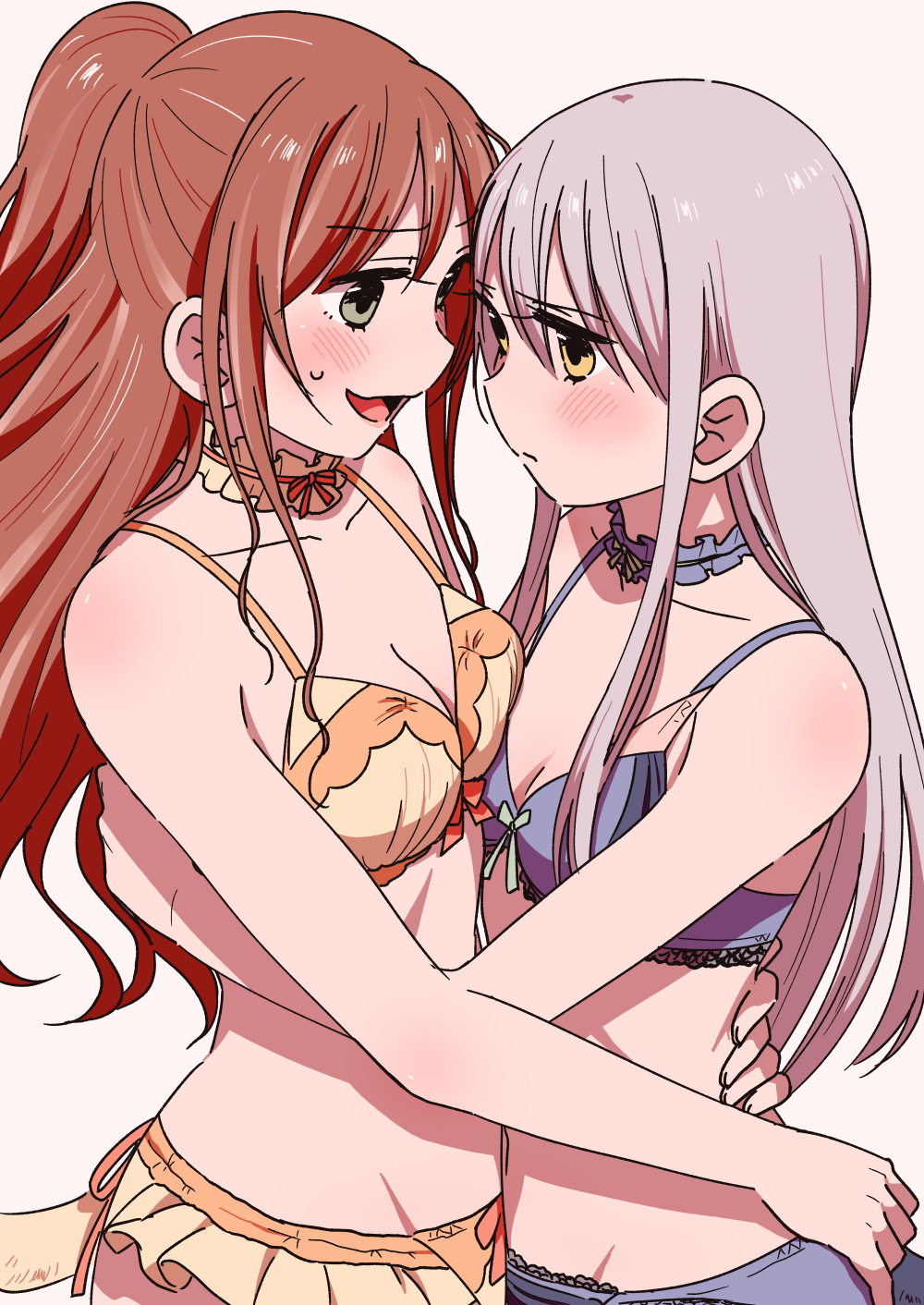 2girls, bang_dream!, bangs, bikini, bikini_skirt, blue_bikini, blue_choker, blush, breasts, brown_hair, choker, cleavage, eyebrows_visible_through_hair, face-to-face, frilled_choker, frills, frown, grey_eyes, grey_hair, hair_between_eyes, half_updo, highres, hug, imai_lisa, long_hair, looking_at_another, medium_breasts, midriff, minato_yukina, multiple_girls, murata_(igaratara), open_mouth, orange_bikini, simple_background, smile, sweatdrop, swimsuit, yellow_choker, yellow_eyes, yuri