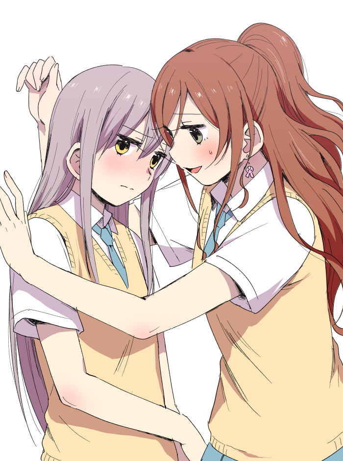 2girls, bang_dream!, bangs, blue_neckwear, blush, brown_hair, collared_shirt, earrings