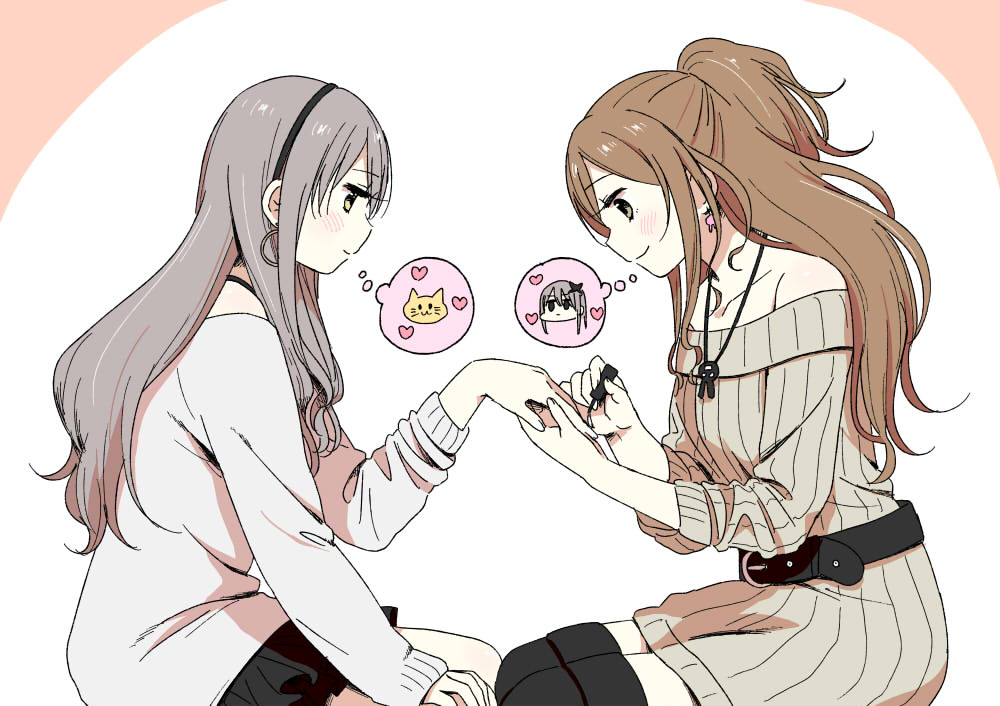 2girls, applying_makeup, bang_dream!, bang_dream!_girls_band_party!, bangs, belt, black_belt, black_hairband