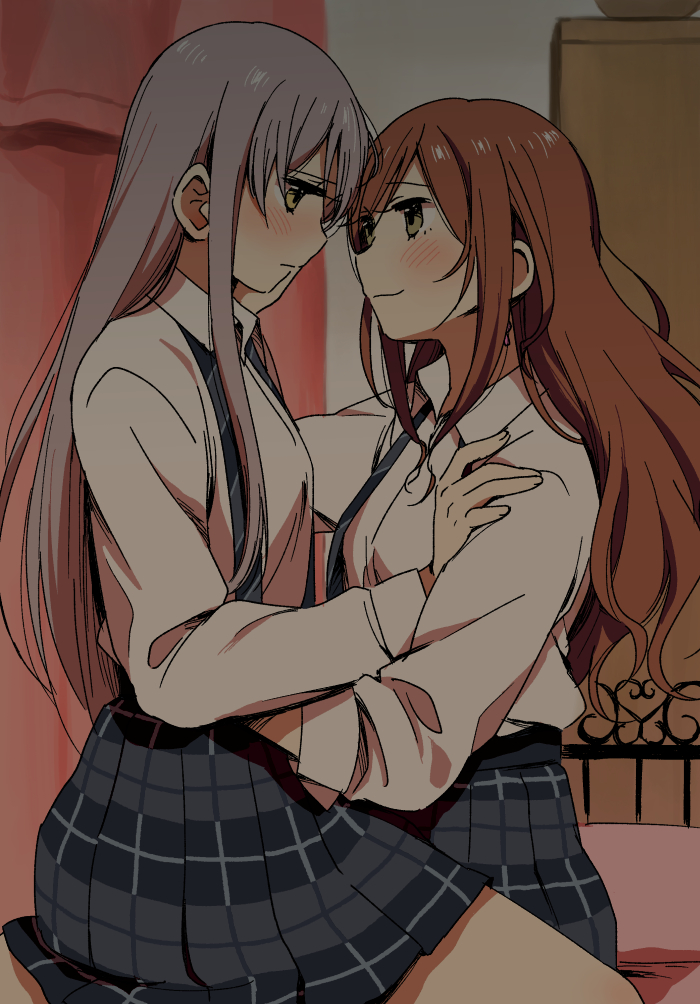 2girls, :3, bang_dream!, bangs, blush, brown_eyes, brown_hair, collared_shirt